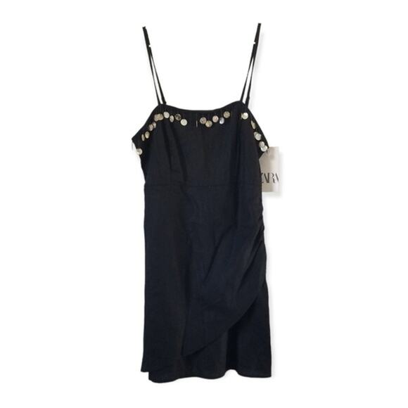 Zara Black Linen Blend Mini Dress with Beaded Appliques size XS - Picture 1 of 10